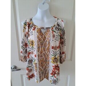 Fig & Flower Sheer Boho Blouse Medium Multicolor Floral Art Abstract Hippie